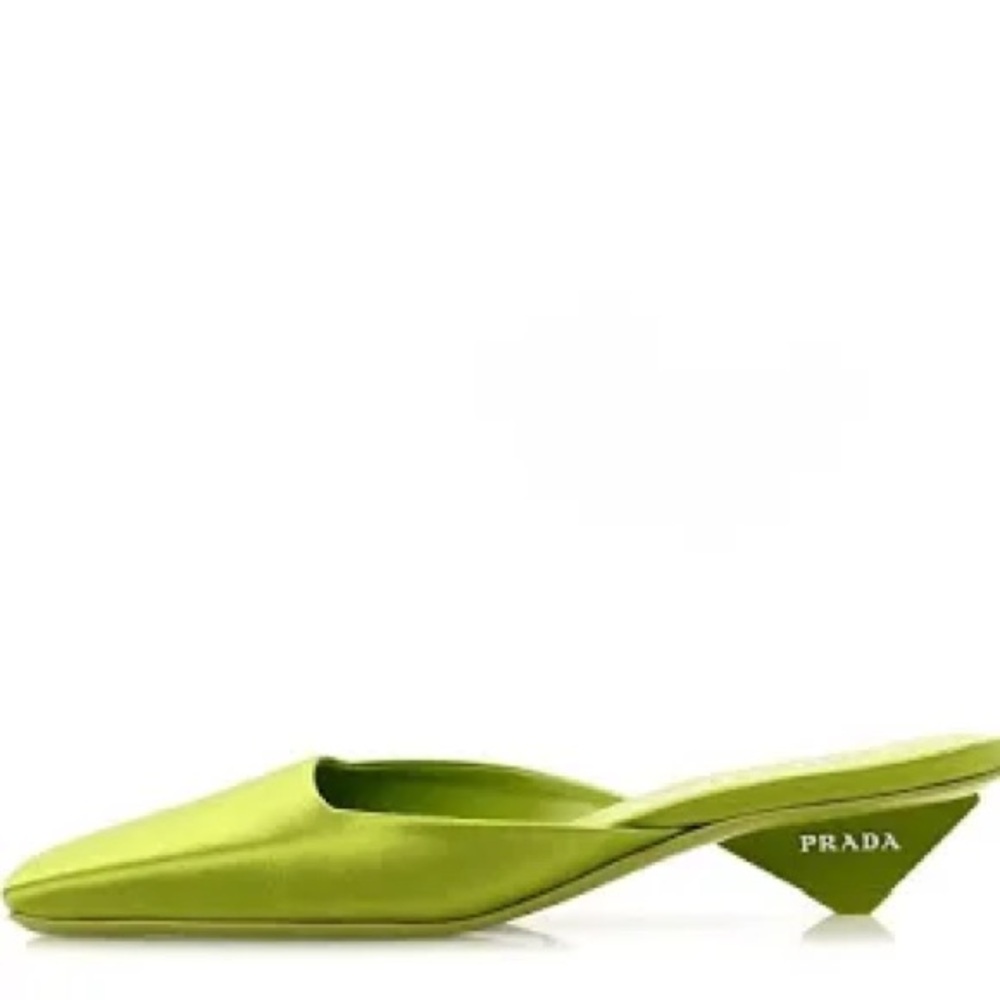 Prada Green Satin Square-Toe Kitten Heel Mules - Picture 2 of 7
